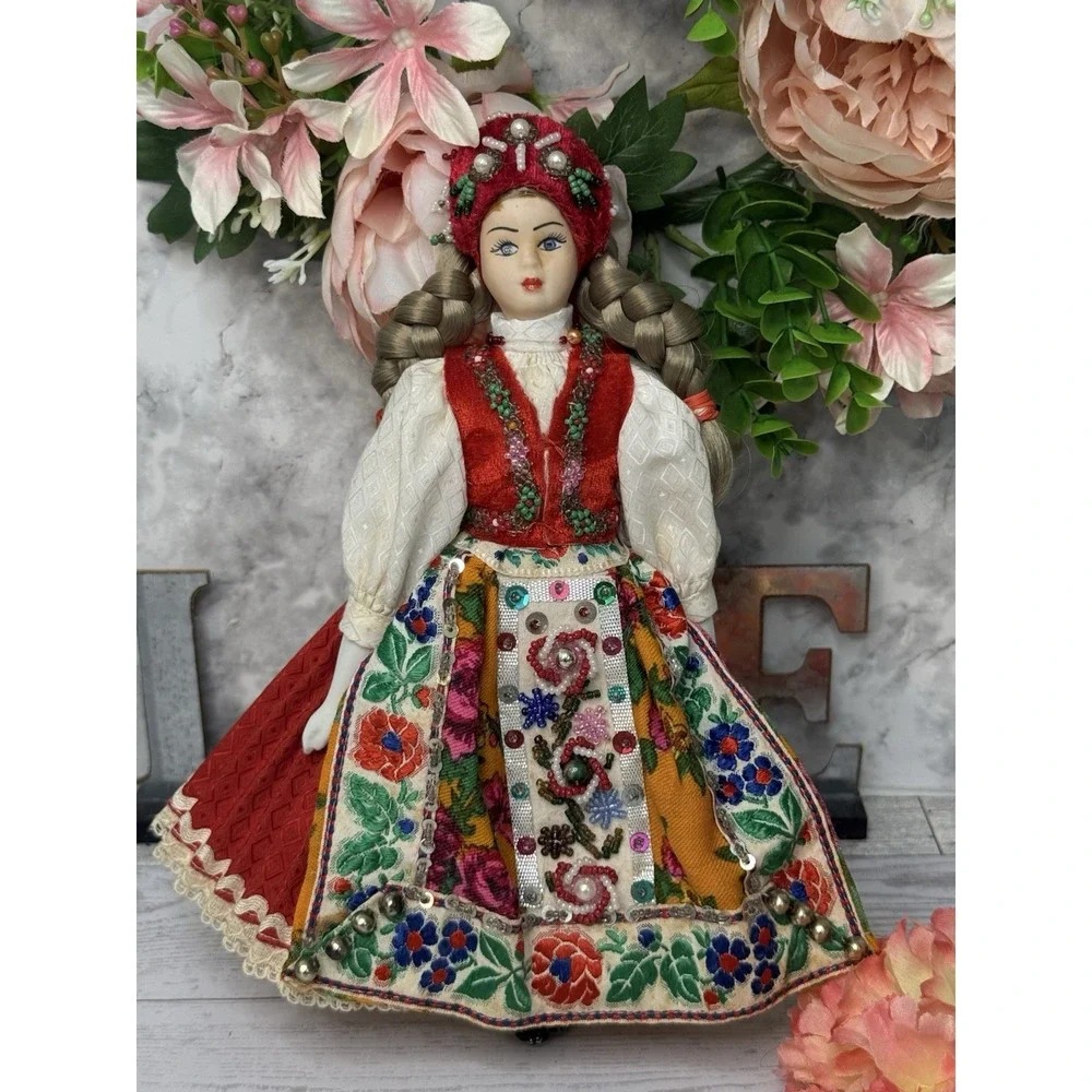 Vintage Folk Ethnic Female Doll Handmade Beaded Clothes Hat Braided Hair 10